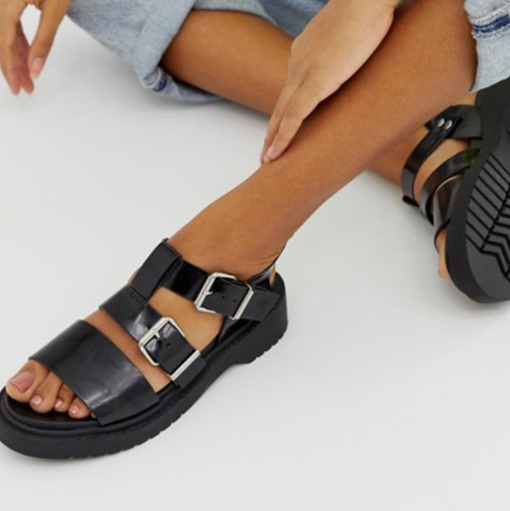 ASOS chunky patent black sandals with buckles